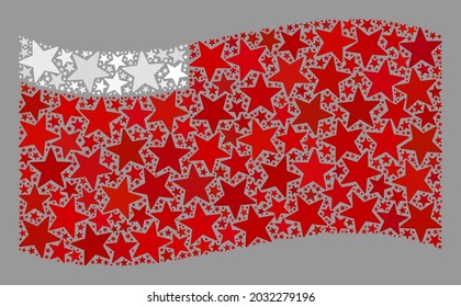Mosaico ondeando la bandera de Abu Dhabi diseñada con íconos de estrellas. Mosaico con estrella vectorial ondeando la bandera de Abu Dhabi diseñada para proyectos de eventos. El collage de la bandera de Abu Dhabi está hecho de estrellas dispersas.