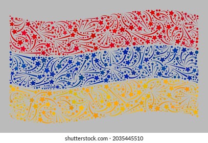 Mosaic waving Armenia flag created of petard star items. Vector festive mosaic waving Armenia flag combined for patriotic advertisement.