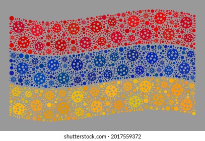 Bandera de Armenia ondeando mosaico diseñada con iconos de Covid-2019. Mosaico vector covid-2019 ondeando la bandera de Armenia hecha para publicidad de atención de salud. Diseñado para proclamas políticas o patrióticas.