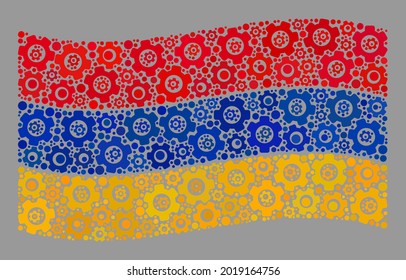 Mosaico ondeando la bandera de Armenia diseñada para ítems del progreso. Collage de motores vectores ondeando la bandera de Armenia combinada para proyectos de desarrollo. El collage de la bandera armenia está compuesto de iconos de aplicación al azar.