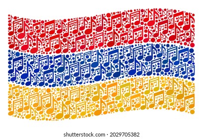 Bandera de Armenia ondeando mosaico diseñada con símbolos musicales. Mosaico musical vectorial ondeando la bandera de Armenia diseñada para aplicaciones de performance. El collage de la bandera de Armenia está diseñado a partir de íconos dispersos de la canción.