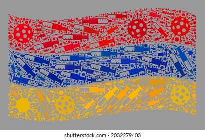 Mosaic waving Armenia flag designed of virus and syringe elements. Vector covid-2019 treatment collage waving Armenia flag combined for pandemic purposes.