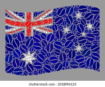 Mosaic waving Australia flag is constructed with coffee grain elements. Vector coffee mosaic waving Australia flag designed for coffee shops advertisement.