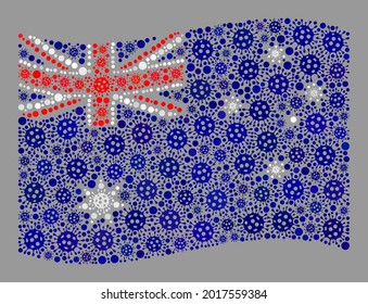Bandera de Australia ondulada con mosaico creada con elementos de bacteria. Collage del coronavirus vectores ondeando la bandera de Australia diseñada para los afiches de medicare. Diseñado para doctrinas políticas o patrióticas.
