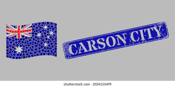 Bandera de Australia ondulada por mosaicos diseñada con puntos redondos y sello del rectángulo de la ciudad de Carson. Los elementos de círculo vectorial se componen para ondear el collage de la bandera de Australia.