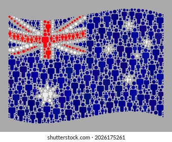 Mosaic waving Australia flag designed with crowd items. Vector crowd mosaic waving Australia flag constructed for social purposes. Australia flag collage is composed of randomized guy items.