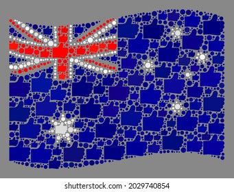 Mosaic waving Australia flag designed with thumb up icons. Vector success mosaic waving Australia flag combined for political posters.