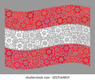 Mosaic waving Austria flag constructed with wheel elements. Vector cog wheel collage waving Austria flag designed for development posters. Austria flag collage is made with random preferences items.
