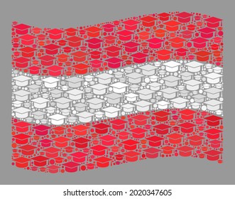 Mosaic waving Austria flag created with professor hat icons. Education vector mosaic waving Austria flag created for PhD propaganda.