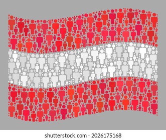 Mosaik schwingende österreichische Flagge mit persönlichen Gegenständen geschaffen. Vectordemographisches Mosaik schwingenden Österreich Flagge für soziale Projekte geschaffen. Die österreichische Fahnenkollektion wird mit zufälligen Personalien konstruiert.