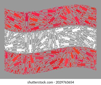 Mosaic waving Austria flag created with vaccine elements. Vector inoculation collage waving Austria flag designed for health care purposes.