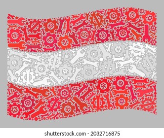 Bandera de Austria ondulada con mosaico creada de elementos del sistema. Aparato vectorial, colaje de llave ondulando la bandera de Austria creada para proyectos de control. El collage de la bandera de Austria está diseñado con elementos aleatorios del sistema.