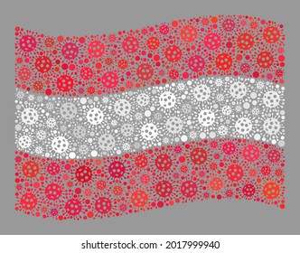 Mosaic waving Austria flag designed of infection elements. Vector covid-2019 collage waving Austria flag constructed for inoculation illustrations. Designed for political or patriotic posters.