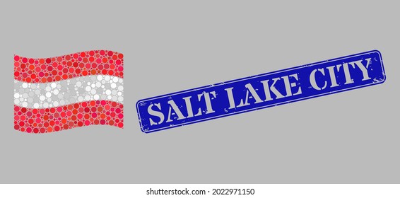 Bandera austríaca de mosaico diseñada con píxeles redondos y marca de agua rectangular grunge Salt Lake City. Las esferas vectoriales se combinan para ondear la composición de la bandera de Austria.