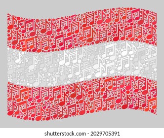 Bandera de Austria ondulada por mosaicos, diseñada con signos de melodía. Mosaico de melodía vectorial ondeando la bandera austriaca diseñada para los afiches de actuación. El collage de la bandera de Austria está hecho con íconos dispersos de melodía.