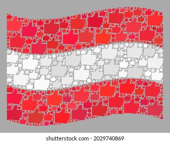 Mosaic waving Austria flag designed of thumb up items. Vector voting mosaic waving Austria flag combined for political illustrations. Austria flag collage is composed with randomized thumb up items.