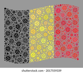 Mosaic waving Belgium flag constructed of contagious items. Vector covid-2019 mosaic waving Belgium flag combined for inoculation illustrations. Designed for political or patriotic promotion.