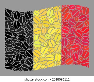 Mosaik schwenkende belgische Flagge wird mit Kakaokörnern gebildet. Vectorkaffeesammlung, die die belgische Fahne schwebt und für Kaffeeshop-Anwendungen erstellt wurde.