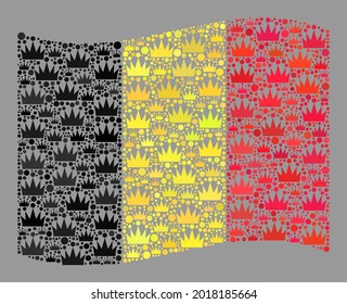 Mosaik schwingende Flagge Belgiens aus königlichen Symbolen. Markenvektormosaik schwingende belgische Fahne, die für die Verleihung von Propaganda geschaffen wurde. Für politische oder patriotische Propaganda konzipiert.