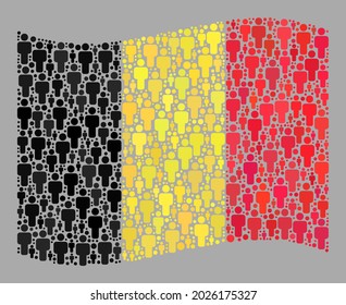 Mosaic waving Belgium flag designed of man icons. Vector demographics collage waving Belgium flag designed for political projects. Belgium flag collage is formed of randomized population icons.