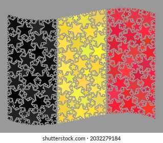 Bandera belga con mosaico diseñada con objetos estrella. Collage con protectores ondeando la bandera de Bélgica creada para proyectos de celebración. El collage de la bandera belga se hace con estrellas al azar.