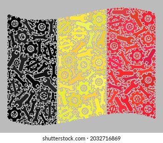Mosaic waving Belgium flag designed of development elements. Vector gear wheel, spanner mosaic waving Belgium flag organized for production applications.