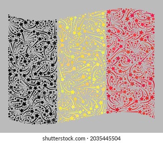 Mosaic waving Belgium flag designed of petard star items. Vector festival mosaic waving Belgium flag designed for holiday illustrations.