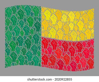 Mosaic waving Benin flag constructed with riot hand elements. Fight hand vector mosaic windy Benin flag designed for brute force wallpapers. Designed for political and patriotic agitprop.