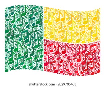 Mosaic waving Benin flag constructed of melody icons. Vector music mosaic waving Benin flag constructed for concert news. Benin flag collage is organized of random melody items.