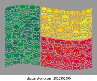 Mosaic waving Benin flag created with toxic icons. Pirate vector waving mosaic Benin flag created for fear advertisement. Designed for political or patriotic agitation.