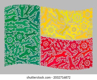 Mosaic waving Benin flag created of spanner items. Vector cog, spanner mosaic waving Benin flag designed for production purposes. Benin flag collage is designed from random mechanic icons.