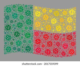 Mosaic waving Benin flag designed with bacilla icons. Vector covid-2019 mosaic waving Benin flag constructed for health care projects. Designed for political or patriotic projects.