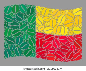 Mosaic waving Benin flag is designed of cacao grain elements. Vector coffee collage waving Benin flag combined for coffee delivery badges. Benin flag collage is shaped of randomized coffee seeds.