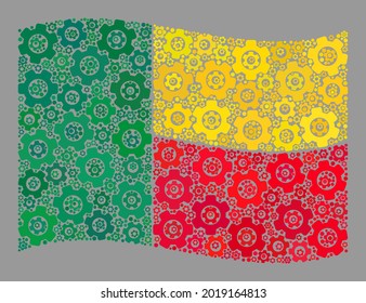 Mosaico ondeando la bandera Benín diseñada con artículos de equipo. Collage de la rueda de vectores ondeando la bandera de Benín combinada para proyectos de servicio. El collage de la bandera de Benín se crea con iconos aleatorios de la rueda.