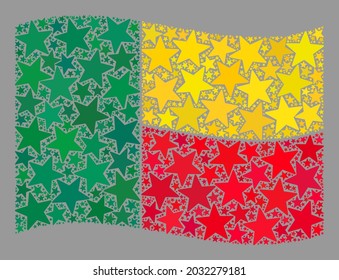 Mosaic waving Benin flag designed of star elements. Vector starred collage waving Benin flag combined for carnival projects. Benin flag collage is made with random stars.