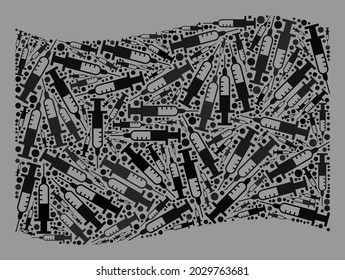 Mosaic waving black flag created of syringe items. Vector vaccination mosaic waving black flag designed for outbreak projects. Black flag collage is designed of randomized drugs icons.