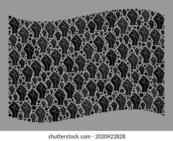 Bandera negra ondulada con mosaico diseñada con íconos de la mano de los disturbios. Bandera negra ventosa de la mano antidisturbios construida para afiches de combate. Diseñado para proyectos políticos o patrióticos.
