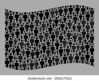 Mosaic waving black flag designed of human items. Vector demographic mosaic waving black flag designed for social posters. Black flag collage is constructed of randomized people icons.