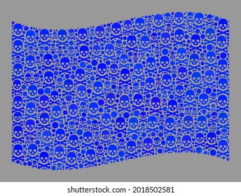 Mosaic waving blue flag constructed of skull icons. Mortal vector waving collage blue flag designed for hacker illustrations. Designed for political and patriotic propaganda.