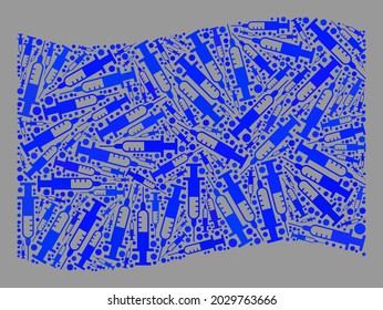 Mosaic waving blue flag created of syringe icons. Vector covid-2019 treatment collage waving blue flag created for treatment applications. Blue flag collage is done of random inoculation icons.