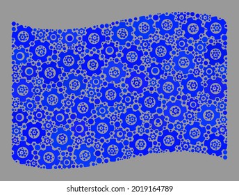 Bandera azul ondulante mosaico diseñada con iconos de reparación. Collage del motor vectorial ondeando la bandera azul organizada para papeles de pared de producción. El collage de la bandera azul se forma con iconos de elemento aleatorizados.