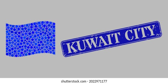 Mosaik schwingende blaue Fahne, die aus Kreispunkten entworfen wurde, und die Kuwait City Rechteck-Dichtung. Vektorgefüllte Kreise sind in windblaue Flaggenmosaike gruppiert. Blaues Rechteck Kuwait City Seestempel.