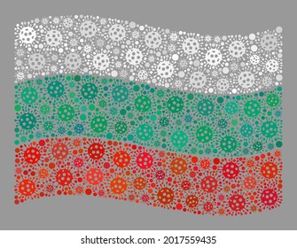 Mosaic waving Bulgaria flag constructed of Covid-2019 icons. Vector covid-2019 mosaic waving Bulgaria flag constructed for health care applications. Designed for political or patriotic applications.