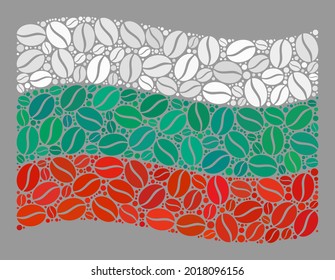 Mosaic waving Bulgaria flag is created with cocoa grain elements. Vector coffee mosaic waving Bulgaria flag combined for coffee delivery labels.