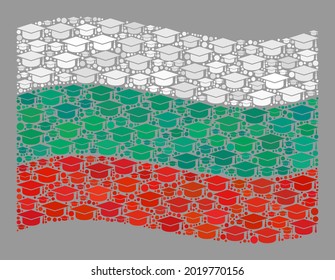 Mosaic waving Bulgaria flag designed with student cap elements. Graduation vector collage waving Bulgaria flag designed for academy posters.