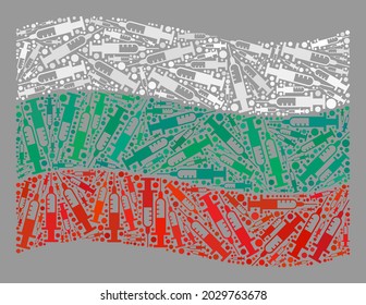Mosaic waving Bulgaria flag designed with syringe icons. Vector vaccine mosaic waving Bulgaria flag combined for political posters. Bulgaria flag collage is composed with randomized vaccine icons.