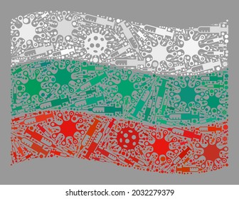 Mosaic waving Bulgaria flag designed with viral and needle items. Vector vaccine mosaic waving Bulgaria flag combined for political applications.
