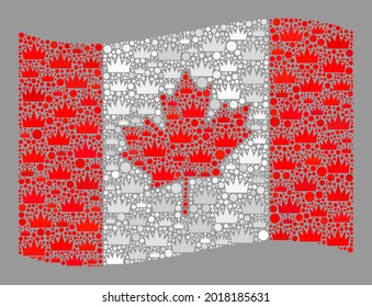 Mosaico ondeando la bandera de Canadá construida con objetos reales. Collage vectorial de regalías ondeando la bandera de Canadá construida para aplicaciones del reino. Diseñado para collages políticos o patrióticos.