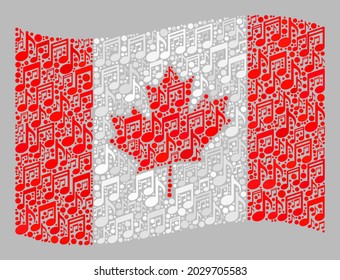 Mosaic waving Canada flag constructed with music notation symbols. Vector music collage waving Canada flag designed for musician illustrations.