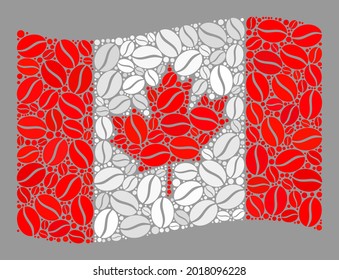 Mosaic waving Canada flag created with coffee seed icons. Vector coffee collage waving Canada flag created for restaurant ads. Canada flag collage is done with scattered chocolate beans.